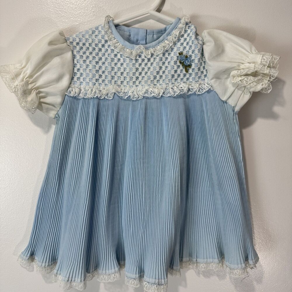 Vintage Sears Baby Girl Pleated Blue & White Dress with Lace & Embroidery Size L